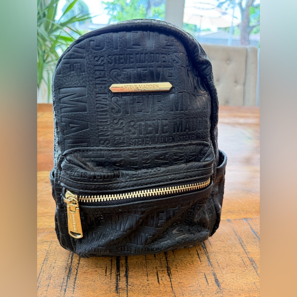 Steve Madden Black Embossed Mini Backpack with Gold Accents